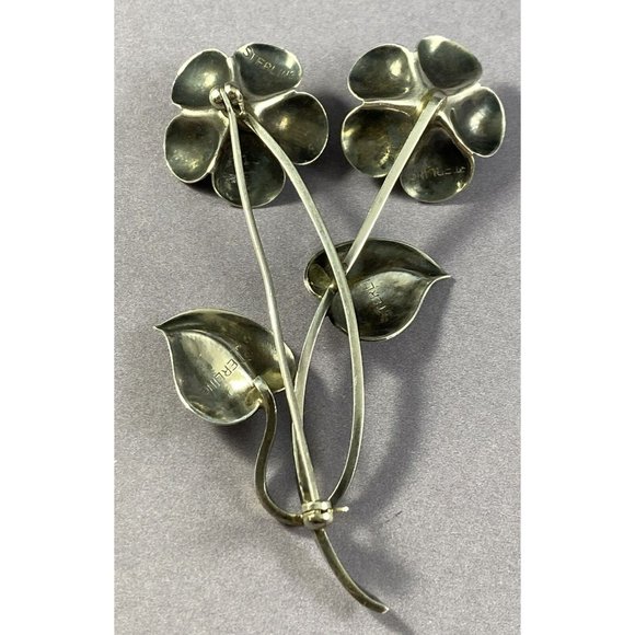 Sterling Silver Two Flower Brooch Fine Puffy Floral Leaf Pin Swirled